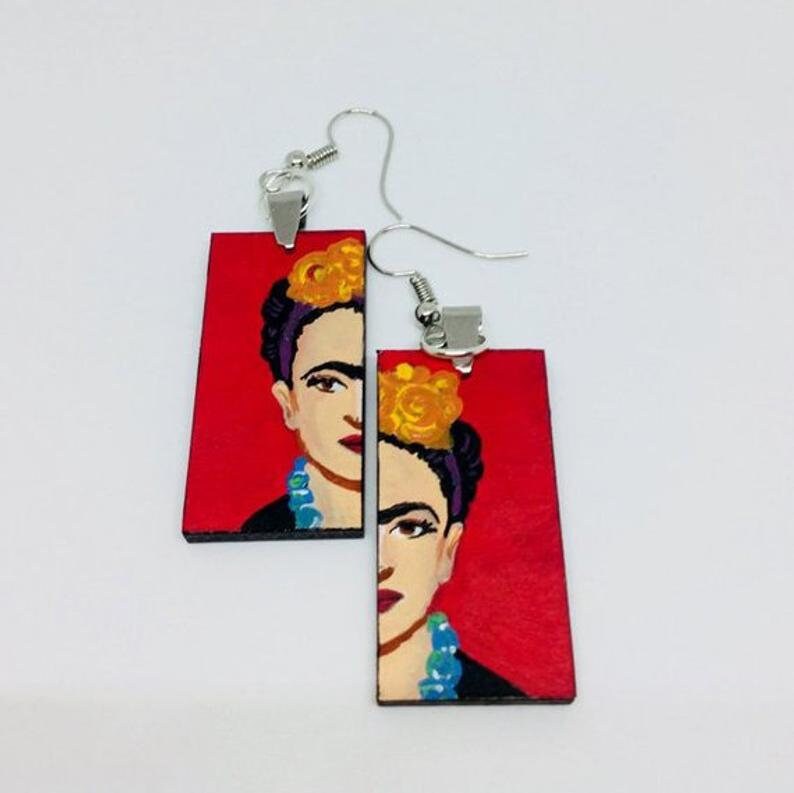 Eye-Catching Red Frida Earrings Mexican Jewelry Inspired for Women Hand Painted Wooden Drop Dangle Earrings Fridalovers Mexico Wearable Art
