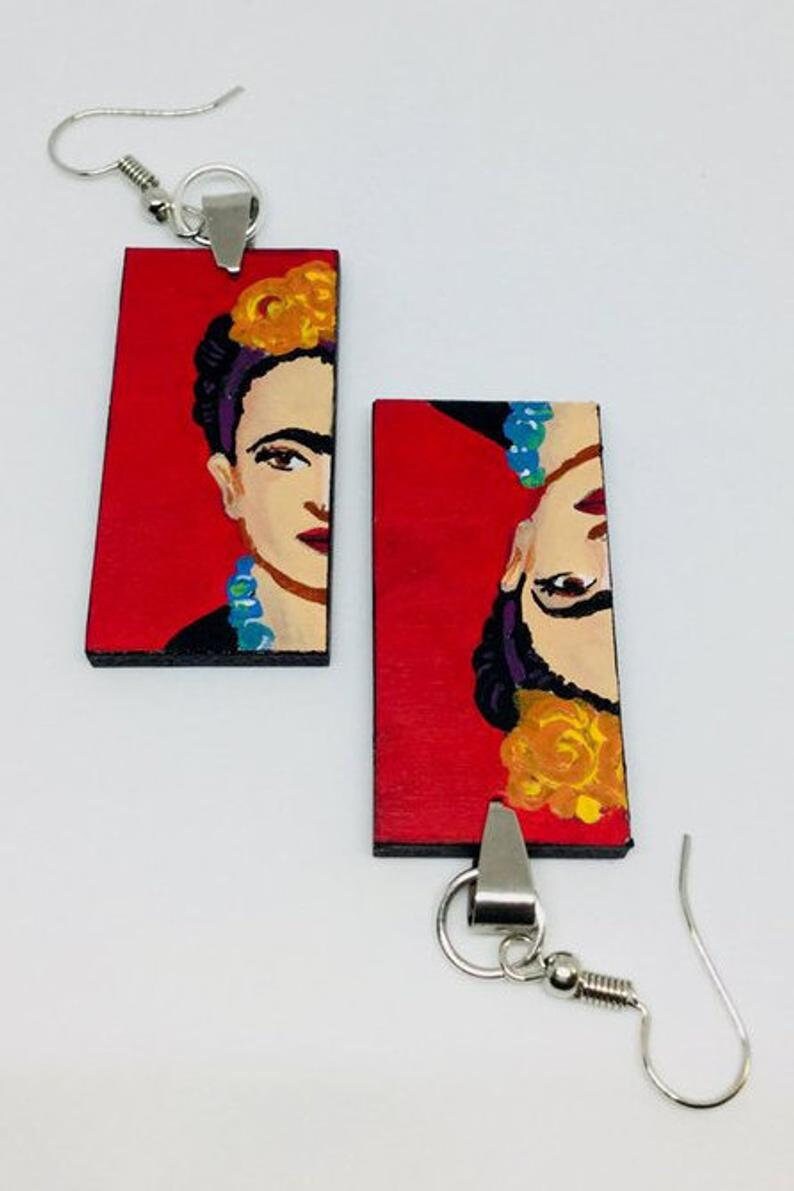 Eye-Catching Red Frida Earrings Mexican Jewelry Inspired for Women Hand Painted Wooden Drop Dangle Earrings Fridalovers Mexico Wearable Art