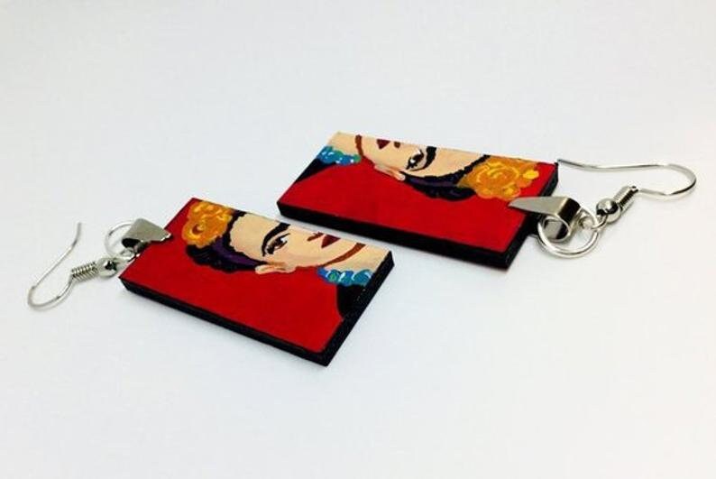 Eye-Catching Red Frida Earrings Mexican Jewelry Inspired for Women Hand Painted Wooden Drop Dangle Earrings Fridalovers Mexico Wearable Art