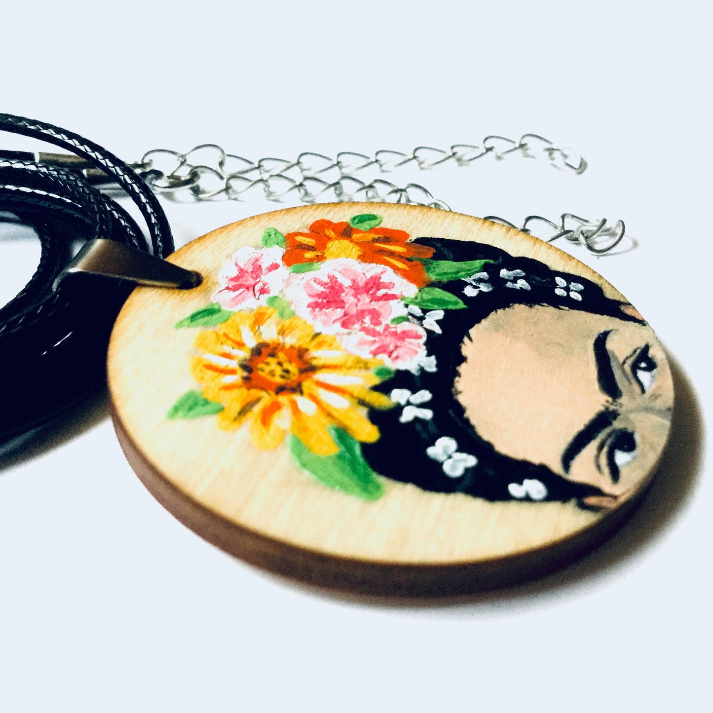 Floral Frida Pendant Necklace Hand Painted Wooden Floral Pendant Mexican Jewelry Girl Pendant Frida Artwear Wearable Art Frida Inspired Art