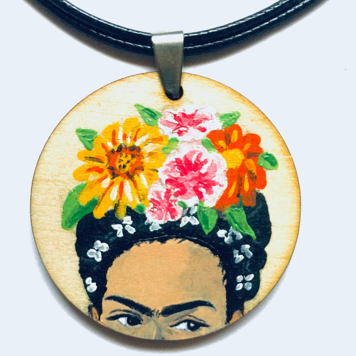 Floral Frida Pendant Necklace Hand Painted Wooden Floral Pendant Mexican Jewelry Girl Pendant Frida Artwear Wearable Art Frida Inspired Art