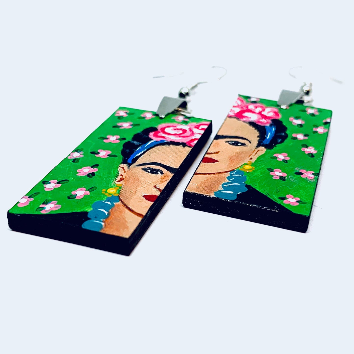 Green Frida Earrings Frida Inspired Dangle Drop Earrings Frida Artwear Jewelry Accessories Hand Painted Wooden Earrings Mexican Jewelry Art