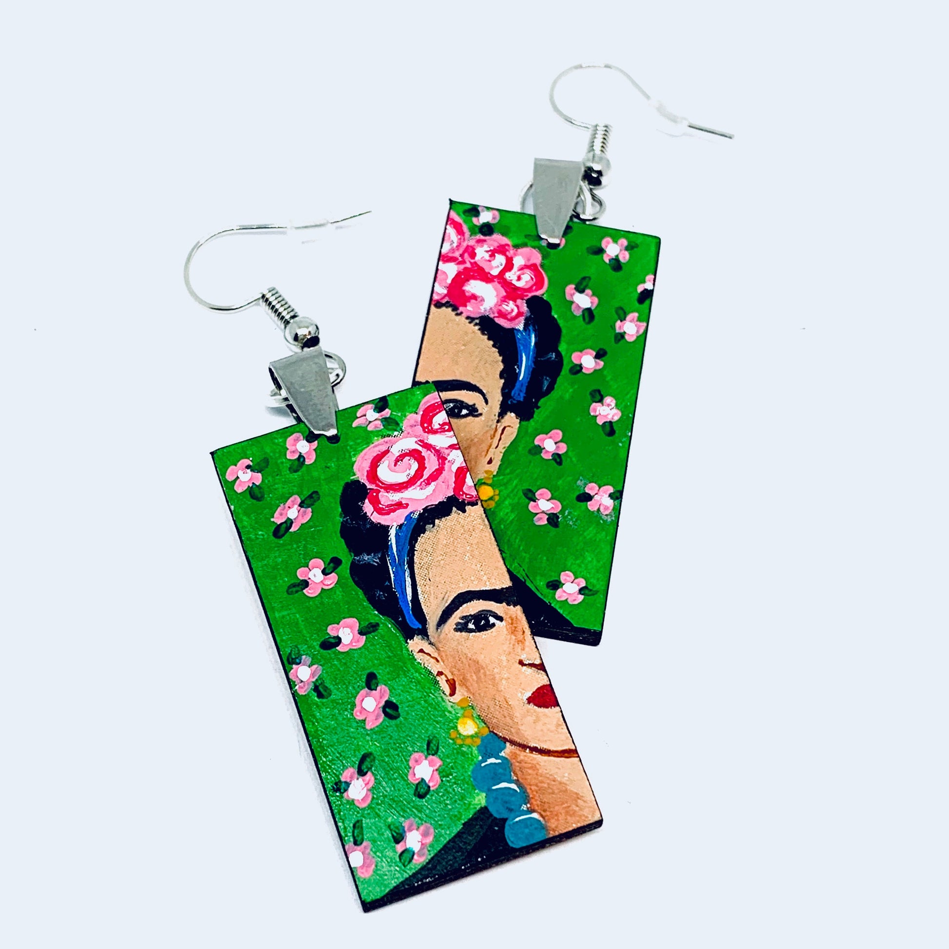 Green Frida Earrings Frida Inspired Dangle Drop Earrings Frida Artwear Jewelry Accessories Hand Painted Wooden Earrings Mexican Jewelry Art