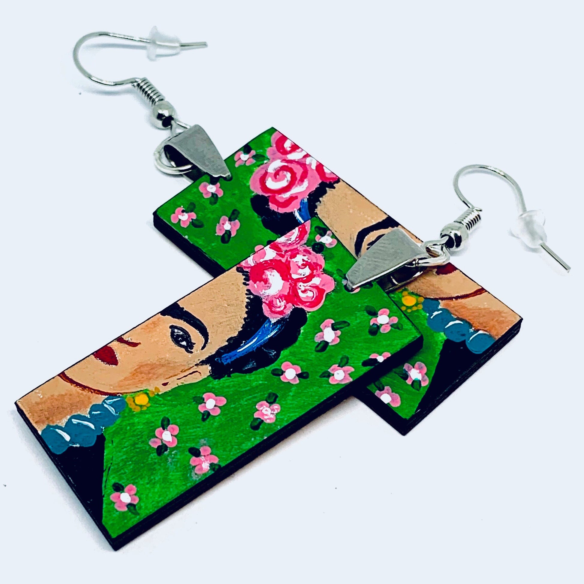 Green Frida Earrings Frida Inspired Dangle Drop Earrings Frida Artwear Jewelry Accessories Hand Painted Wooden Earrings Mexican Jewelry Art