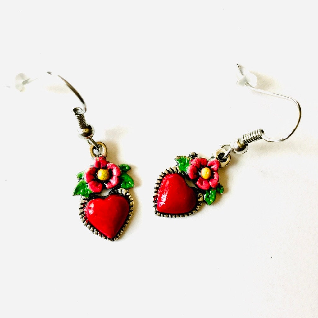 Frida Earrings, Heart Earrings, Hand Painted Heart Earrings, Silver HandPainted Heart Earrings, Mexican Jewelry, Corazon Aretes, Heart Charm