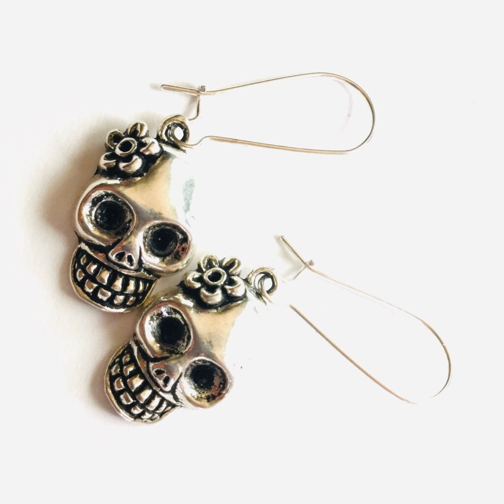 Silver Skull Earrings, Skeleton Earrings, Flowered Skull Earrings, Mexican Jewelry Skull with Flower Earrings, Women Earrings, Girl Earrings