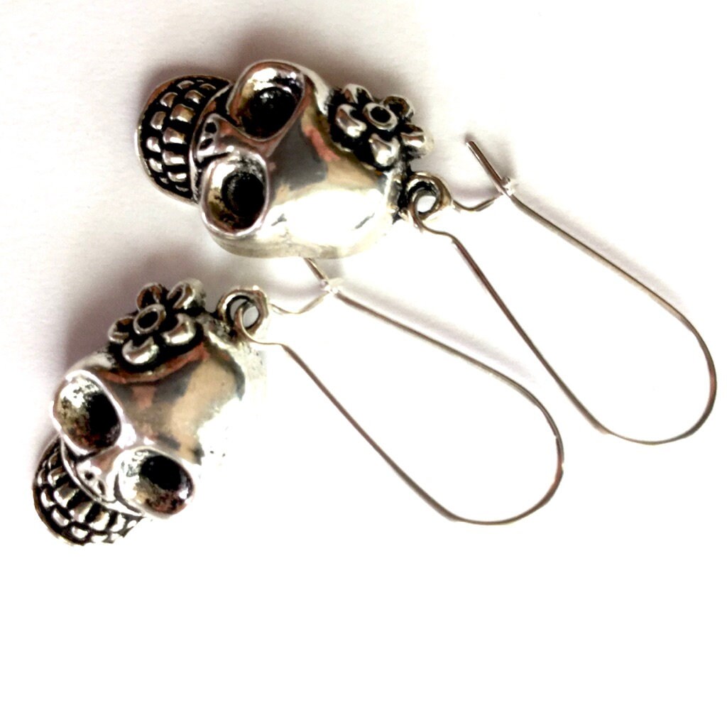 Silver Skull Earrings, Skeleton Earrings, Flowered Skull Earrings, Mexican Jewelry Skull with Flower Earrings, Women Earrings, Girl Earrings