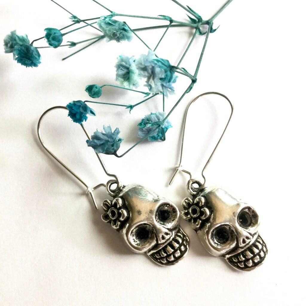Silver Skull Earrings, Skeleton Earrings, Flowered Skull Earrings, Mexican Jewelry Skull with Flower Earrings, Women Earrings, Girl Earrings