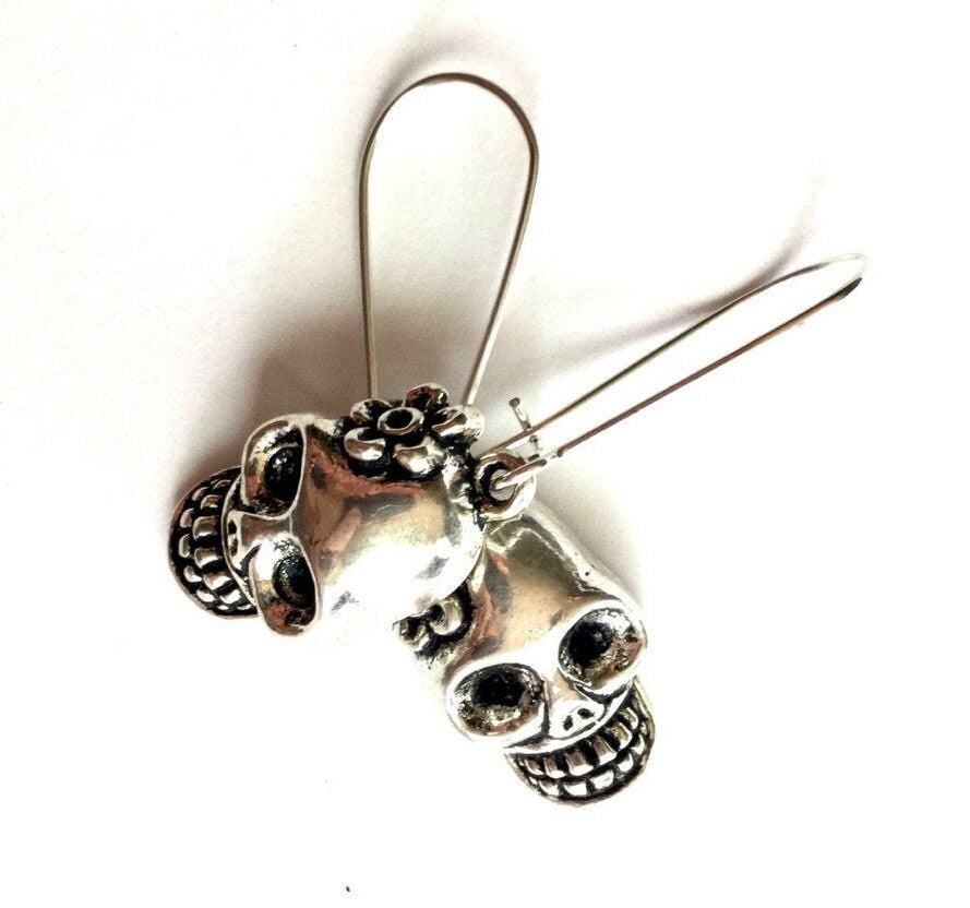 Silver Skull Earrings, Skeleton Earrings, Flowered Skull Earrings, Mexican Jewelry Skull with Flower Earrings, Women Earrings, Girl Earrings