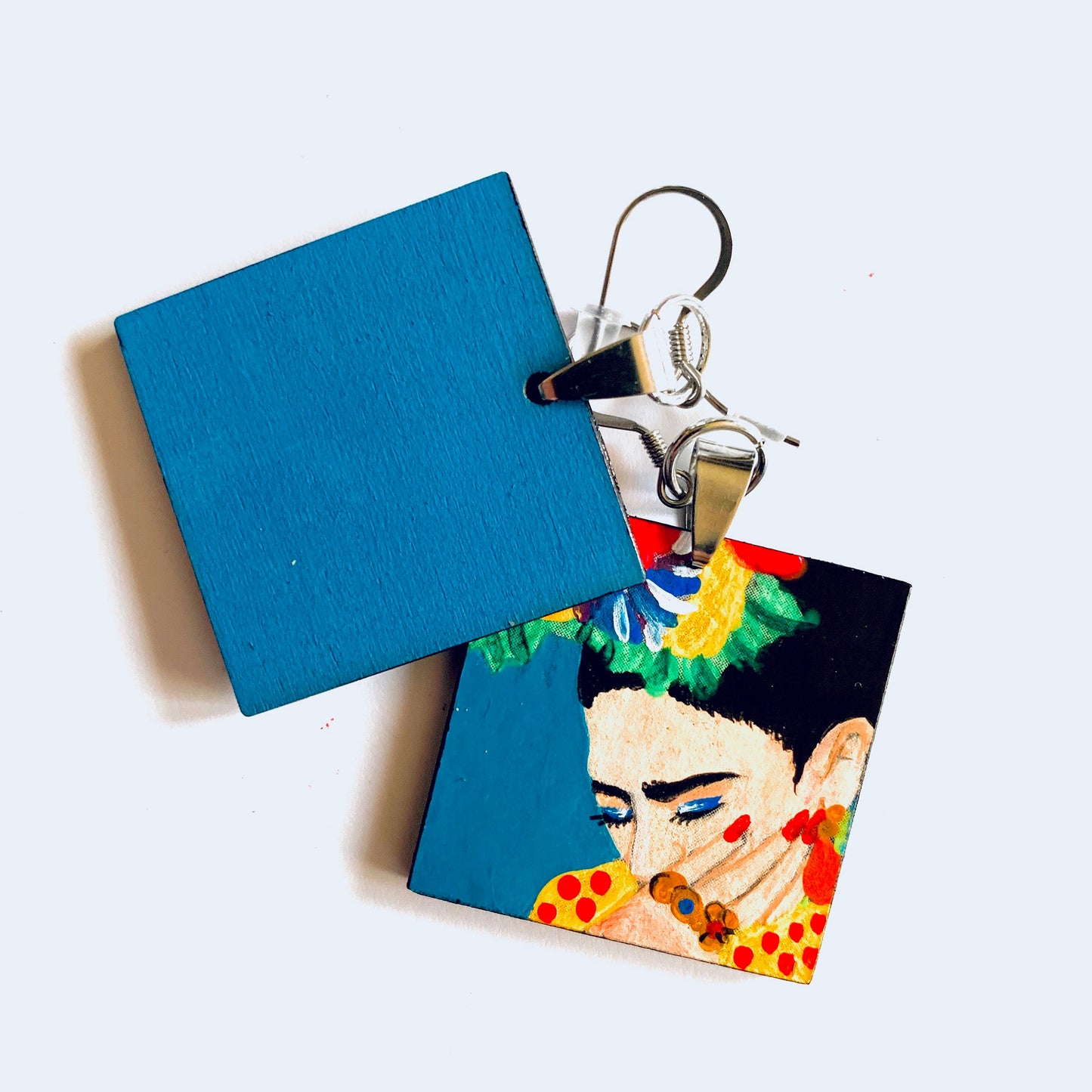 Frida Earrings Frida Inspired Artwear Hand Painted Wooden Earrings Mexican Jewelry Frida Wearable Art Women Blue Earrings Frida Aretes Mujer