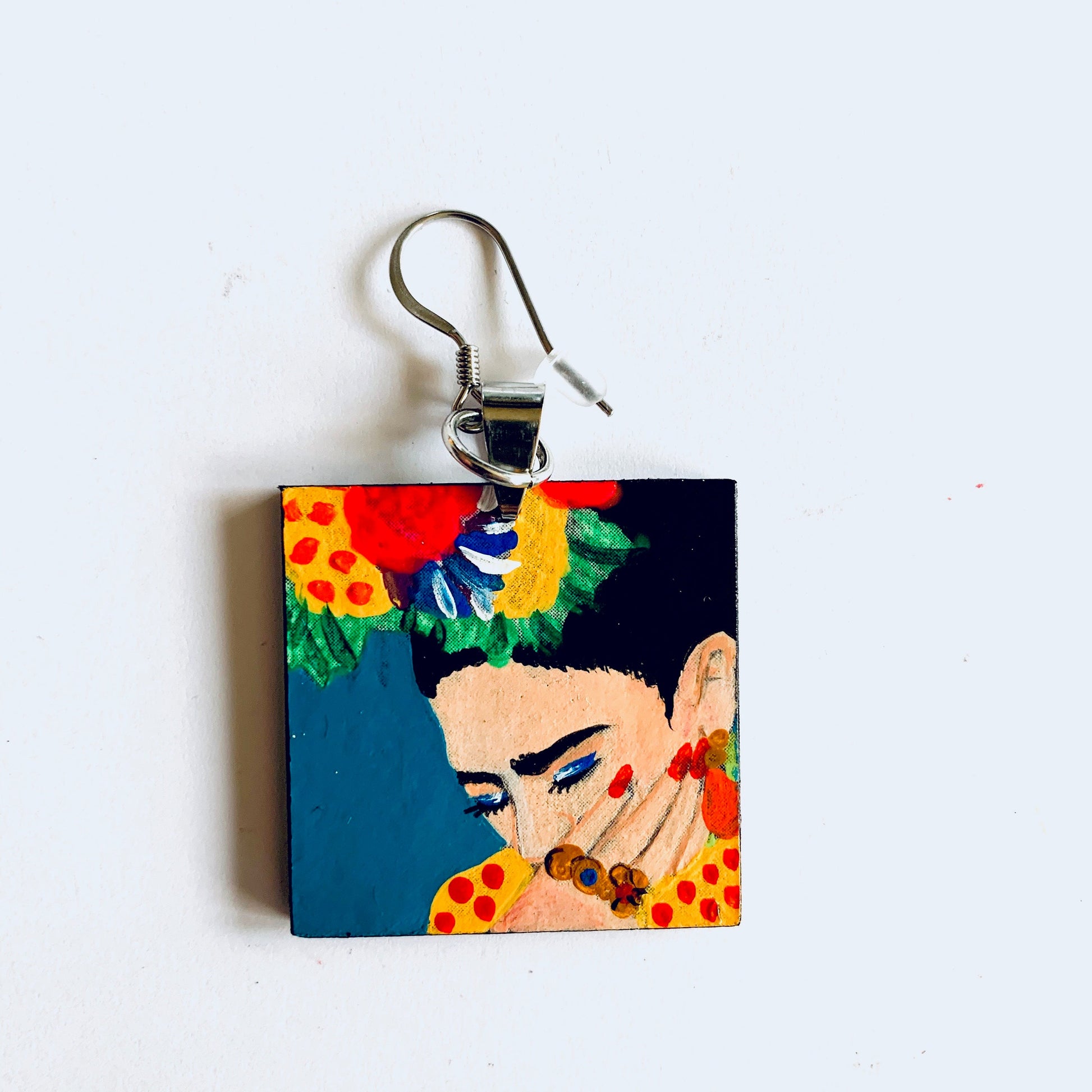 Frida Earrings Frida Inspired Artwear Hand Painted Wooden Earrings Mexican Jewelry Frida Wearable Art Women Blue Earrings Frida Aretes Mujer