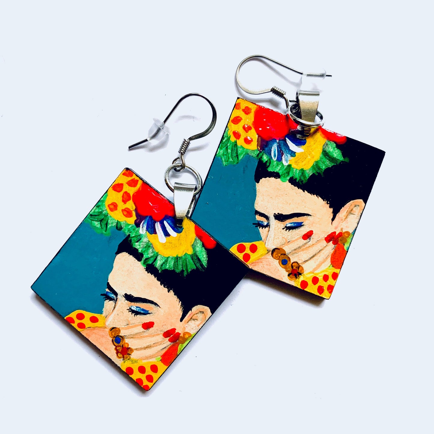 Frida Earrings Frida Inspired Artwear Hand Painted Wooden Earrings Mexican Jewelry Frida Wearable Art Women Blue Earrings Frida Aretes Mujer