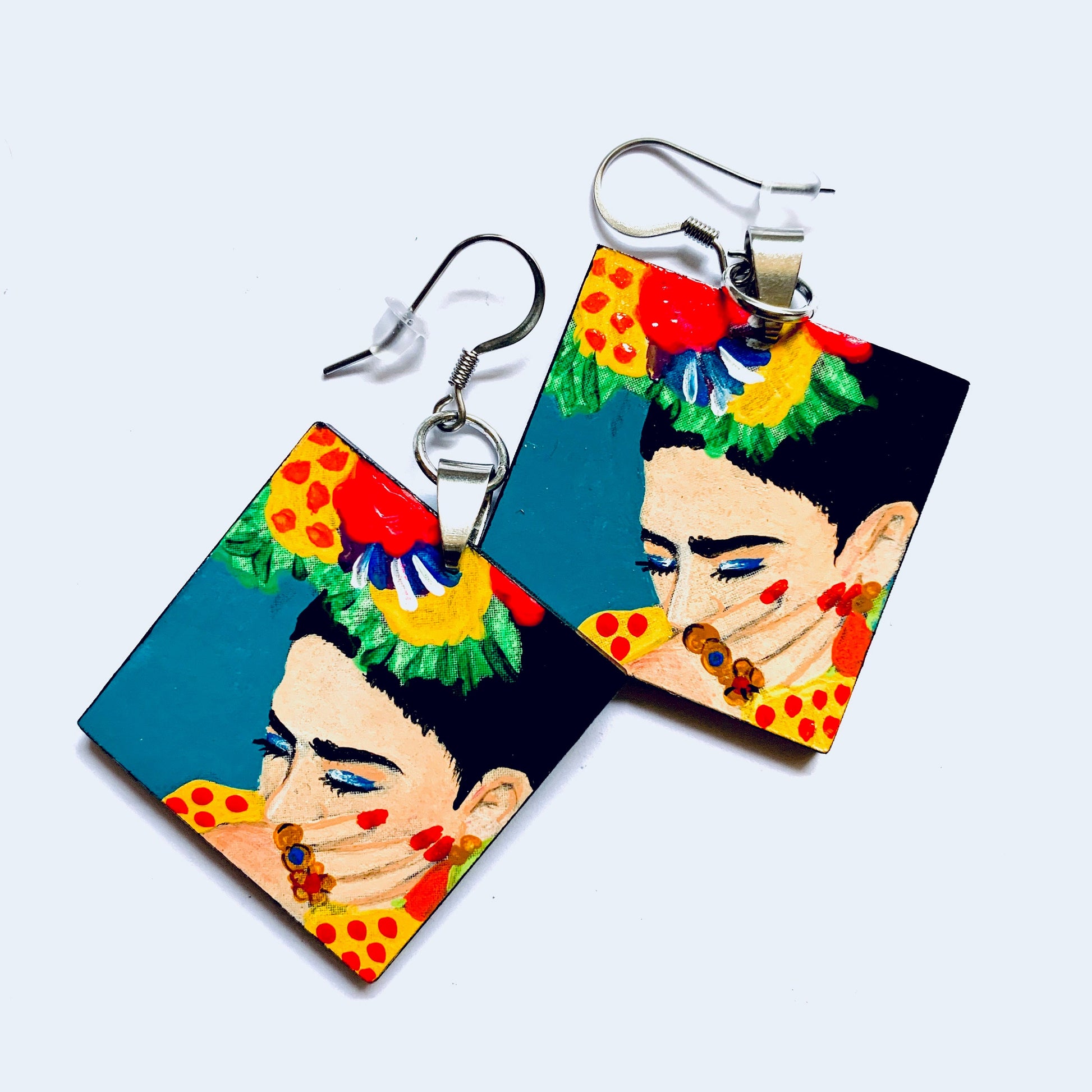 Frida Earrings Frida Inspired Artwear Hand Painted Wooden Earrings Mexican Jewelry Frida Wearable Art Women Blue Earrings Frida Aretes Mujer