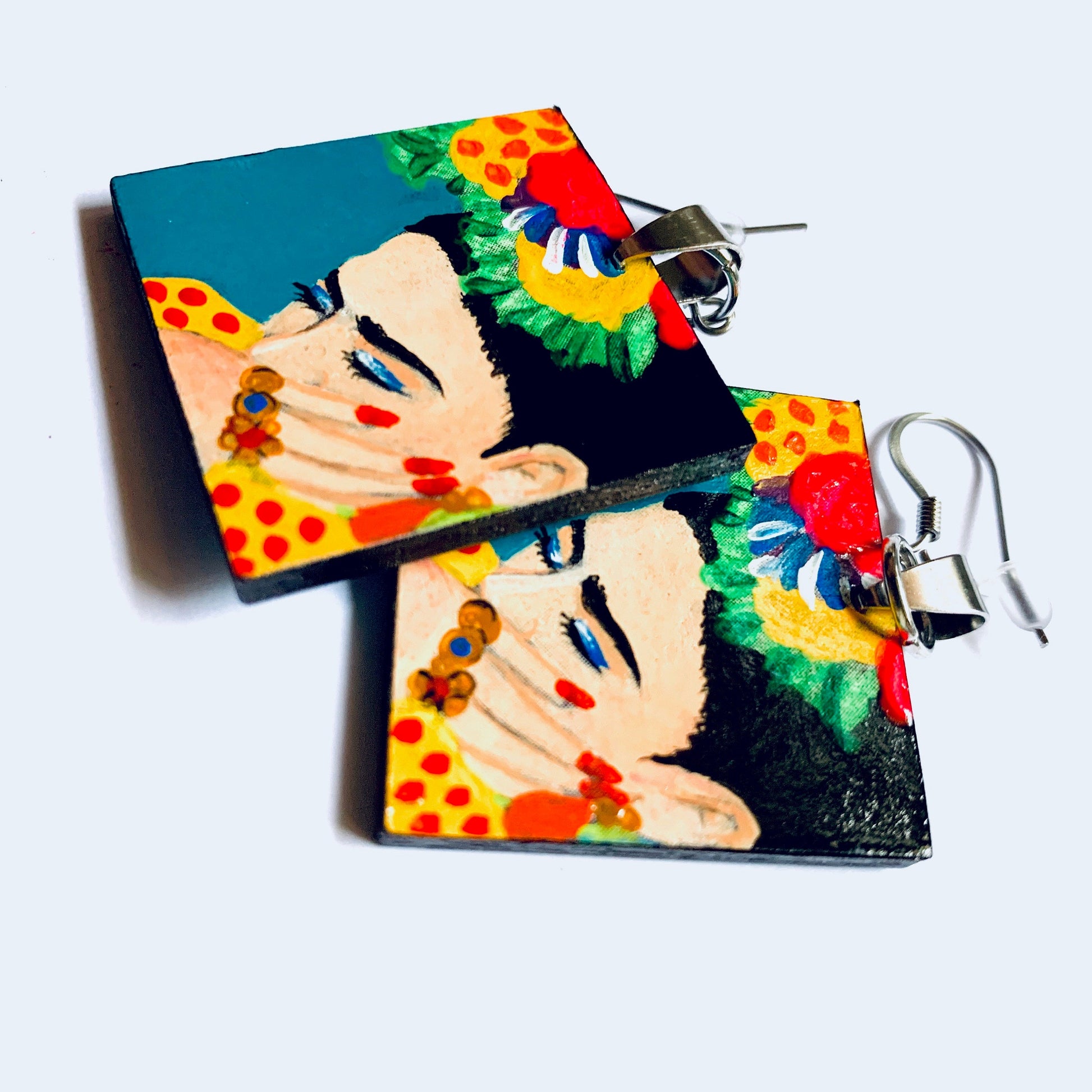 Frida Earrings Frida Inspired Artwear Hand Painted Wooden Earrings Mexican Jewelry Frida Wearable Art Women Blue Earrings Frida Aretes Mujer