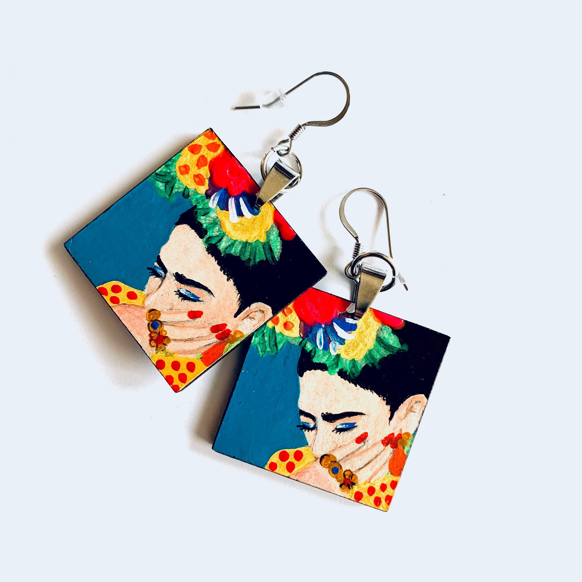 Frida Earrings Frida Inspired Artwear Hand Painted Wooden Earrings Mexican Jewelry Frida Wearable Art Women Blue Earrings Frida Aretes Mujer