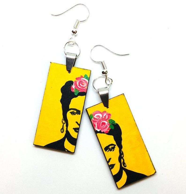Frida Earrings Jewelry Frida Inspired Earrings Stencil ArtWear Wearable Art Mexican Jewelry Women Dangle Drop Earrings Hand Painted Yellow