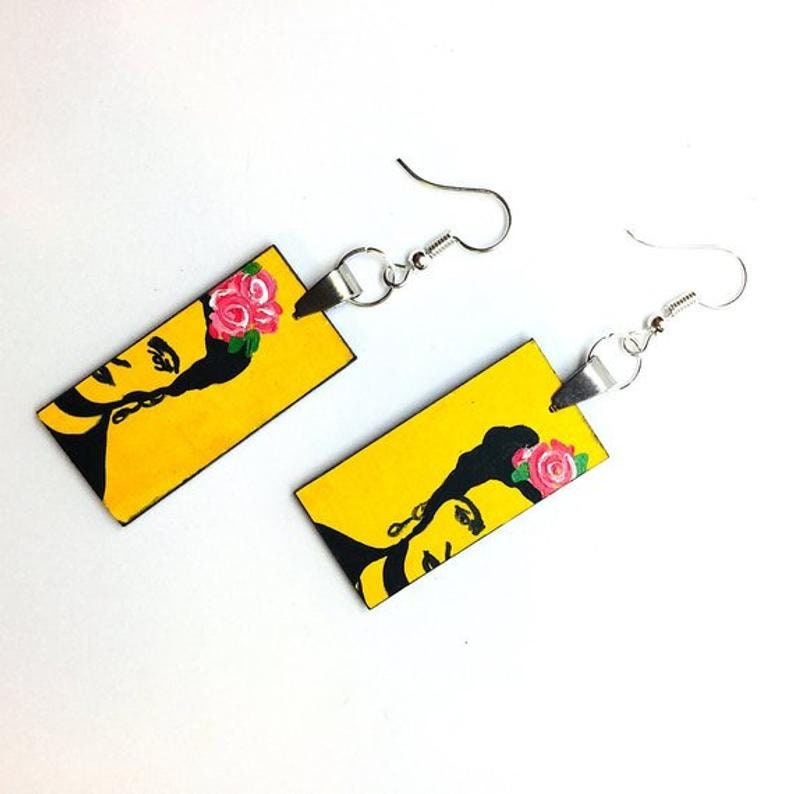 Frida Earrings Jewelry Frida Inspired Earrings Stencil ArtWear Wearable Art Mexican Jewelry Women Dangle Drop Earrings Hand Painted Yellow