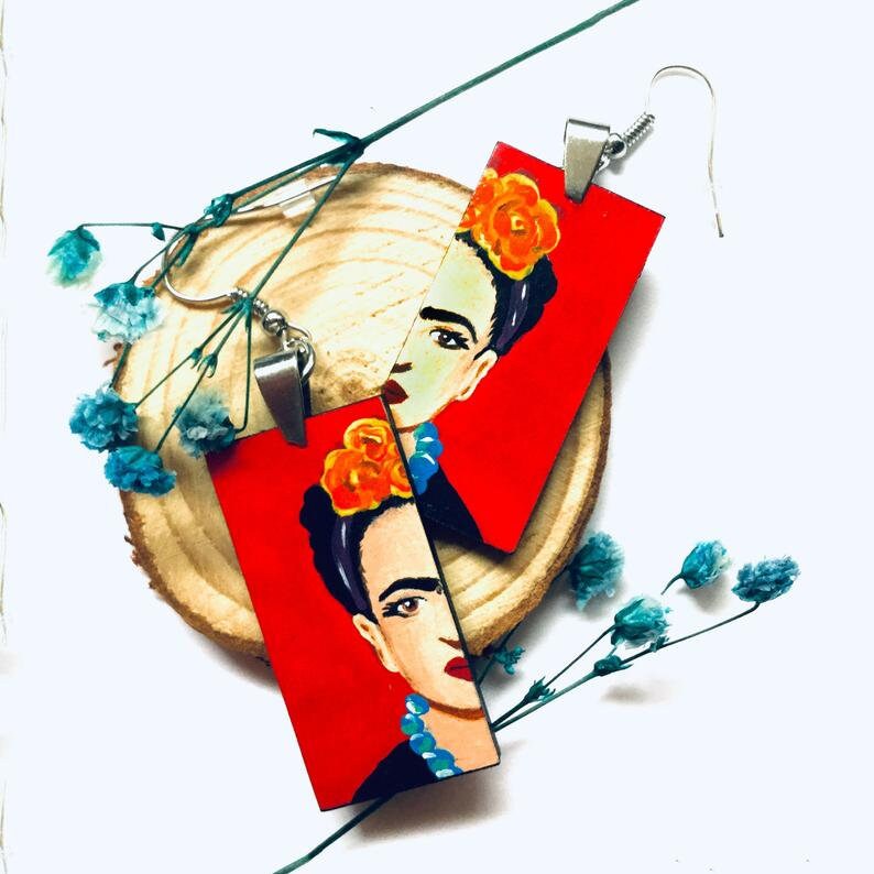 Red Hand Painted Frida Earrings Women Frida Inspired Dangle Drop Earrings Mexican Jewelry Artwear Wearable Art Mujer Aretes Fridalovers Gift