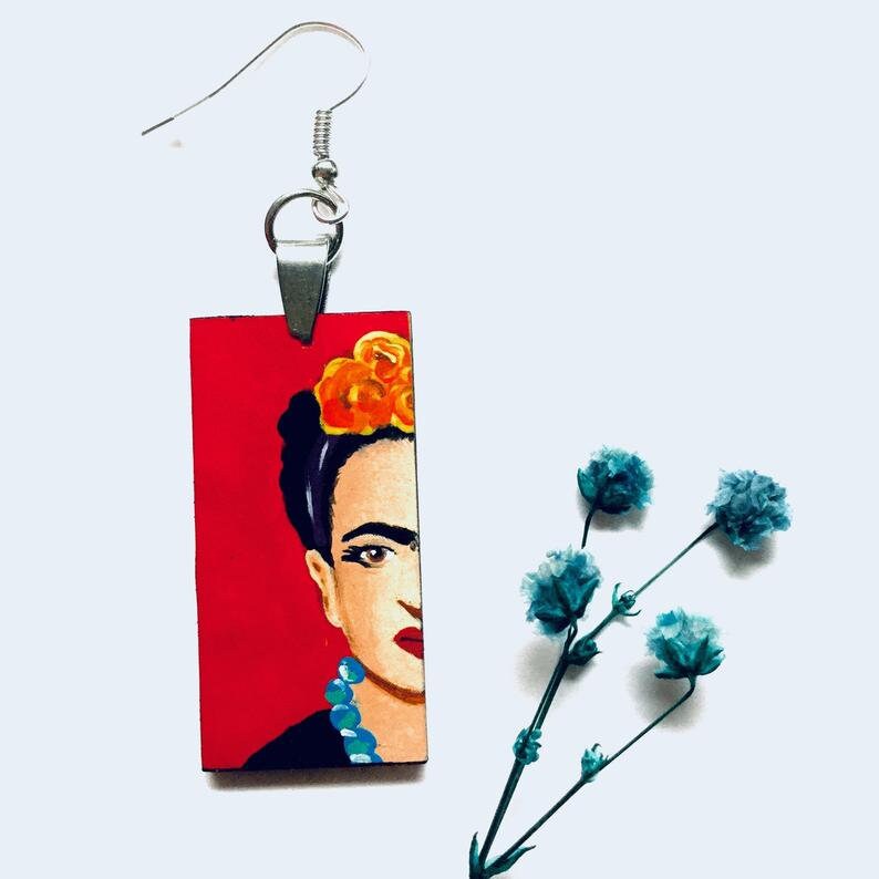 Red Hand Painted Frida Earrings Women Frida Inspired Dangle Drop Earrings Mexican Jewelry Artwear Wearable Art Mujer Aretes Fridalovers Gift