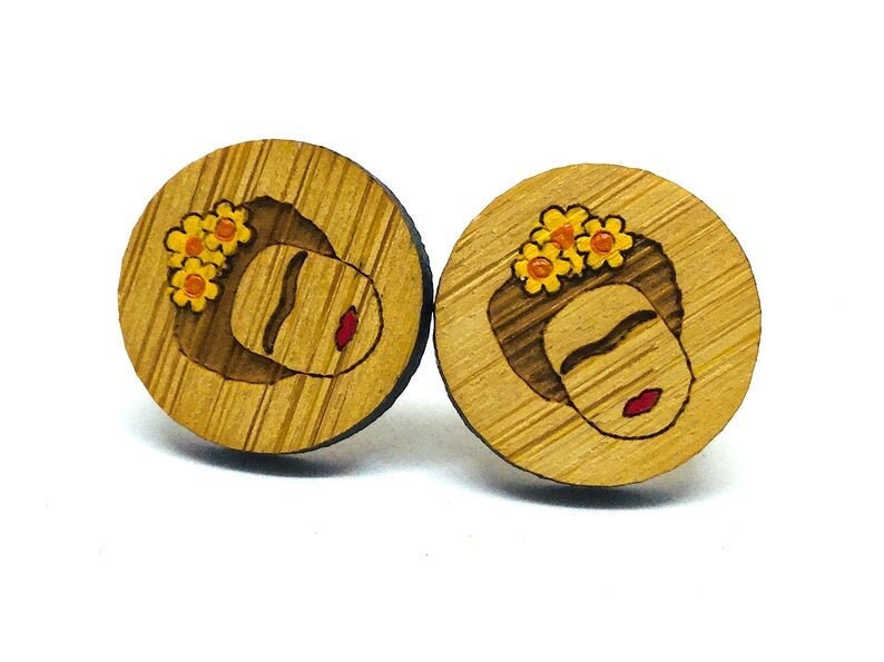 Bamboo Yellow Floral Frida Earrings Girl Stud Frida Inspired Earrings Mexican Jewelry Art to Wear Aretes Wearable Art Mini Stud Lase Cut