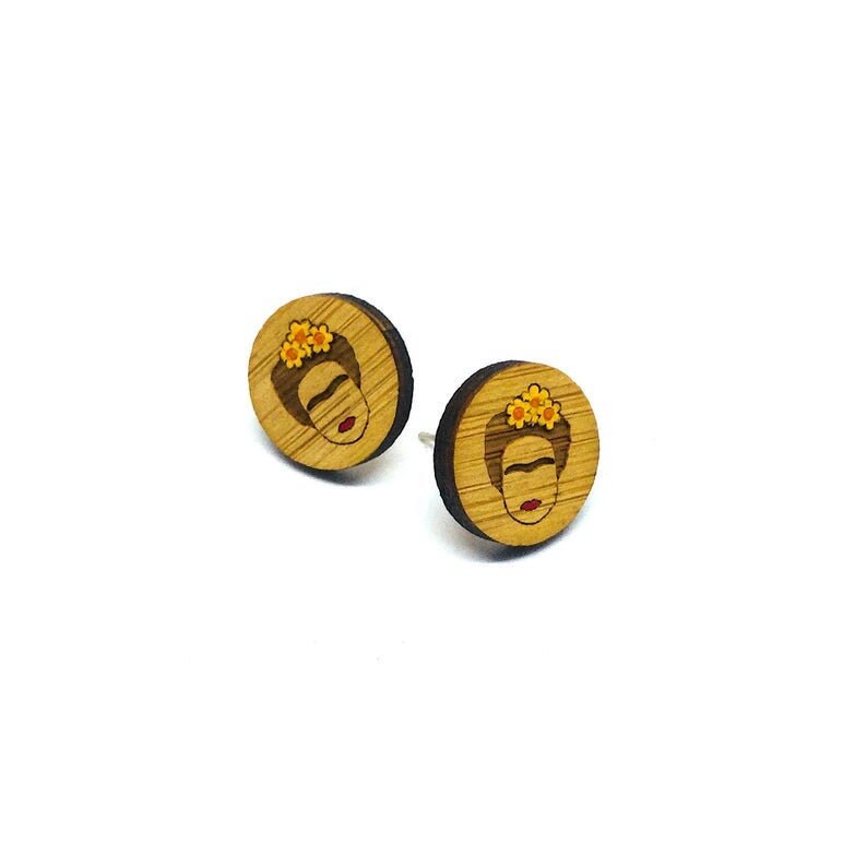 Bamboo Yellow Floral Frida Earrings Girl Stud Frida Inspired Earrings Mexican Jewelry Art to Wear Aretes Wearable Art Mini Stud Lase Cut