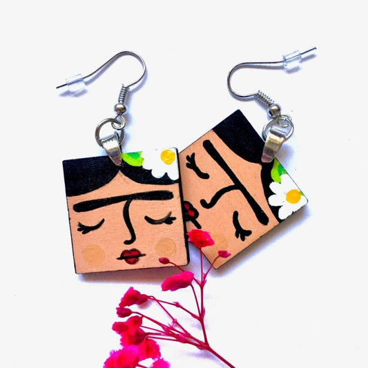 Hand Painted Square Wooden Frida Earrings Girl Dangle Drop Earrings Frida Aretes Mexican Jewelry ArtWear Wearable Art Fridalovers Gift Idea