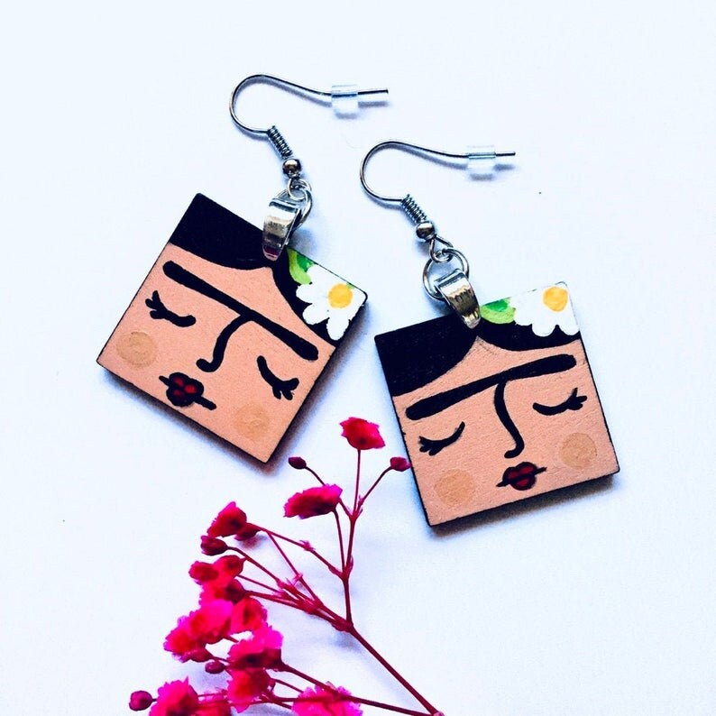 Hand Painted Square Wooden Frida Earrings Girl Dangle Drop Earrings Frida Aretes Mexican Jewelry ArtWear Wearable Art Fridalovers Gift Idea