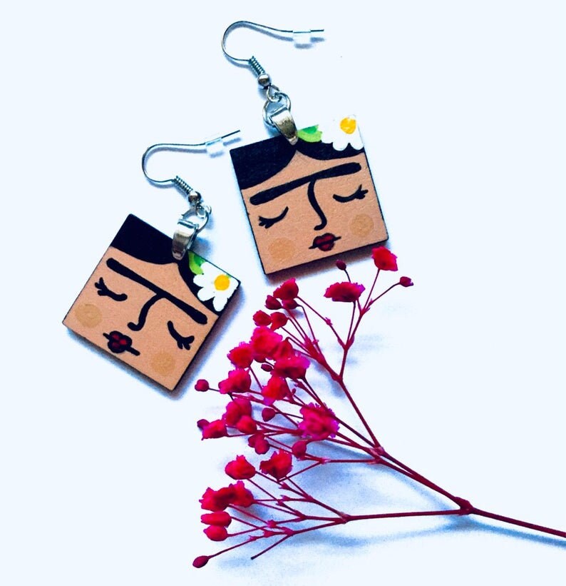Hand Painted Square Wooden Frida Earrings Girl Dangle Drop Earrings Frida Aretes Mexican Jewelry ArtWear Wearable Art Fridalovers Gift Idea