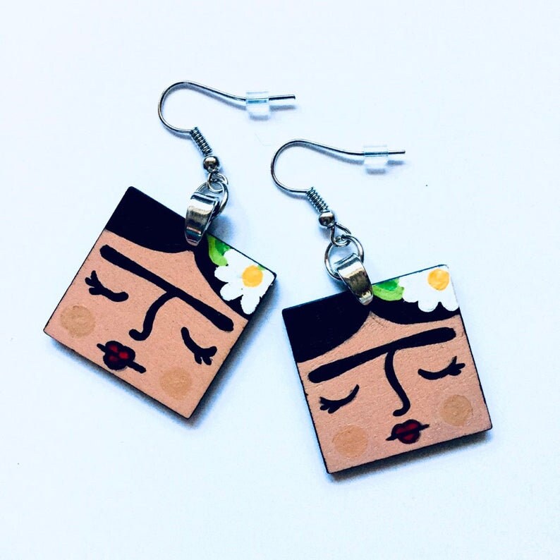 Hand Painted Square Wooden Frida Earrings Girl Dangle Drop Earrings Frida Aretes Mexican Jewelry ArtWear Wearable Art Fridalovers Gift Idea