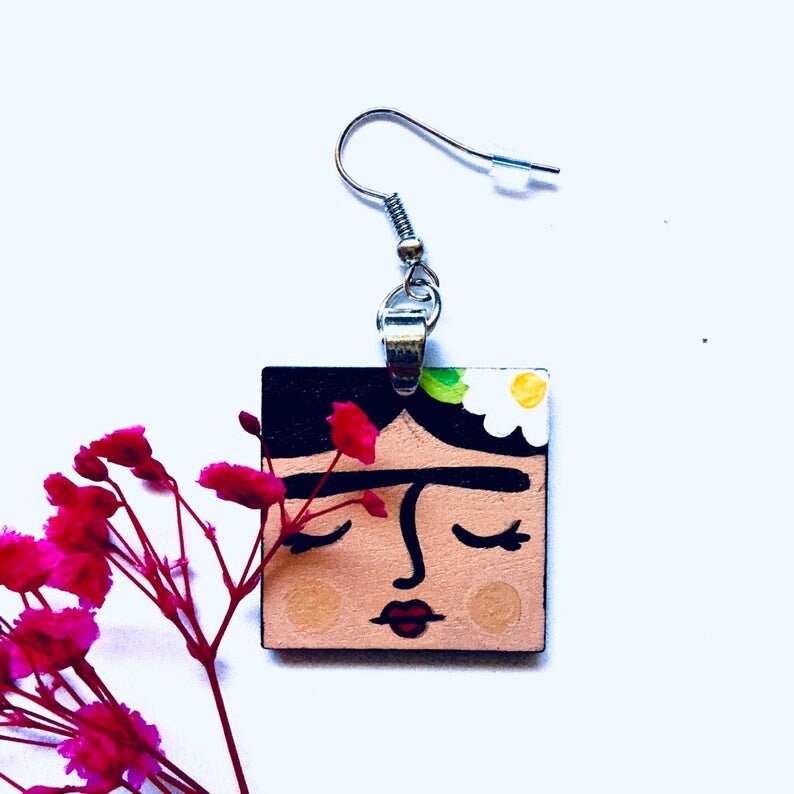 Hand Painted Square Wooden Frida Earrings Girl Dangle Drop Earrings Frida Aretes Mexican Jewelry ArtWear Wearable Art Fridalovers Gift Idea