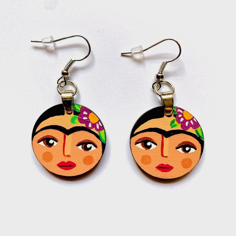 Floral Hand Painted Frida Earrings Girl Wooden Dangle Drop Earrings Wearable Art Mexican Jewelry Fridalovers Artwear Circle Wooden Earrings