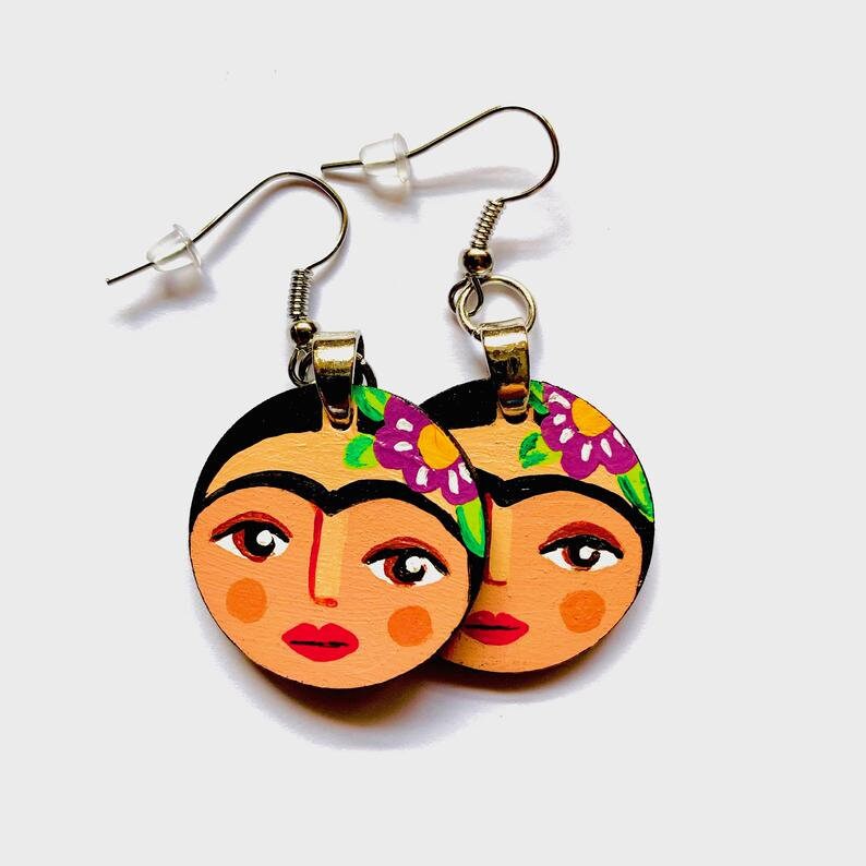 Floral Hand Painted Frida Earrings Girl Wooden Dangle Drop Earrings Wearable Art Mexican Jewelry Fridalovers Artwear Circle Wooden Earrings