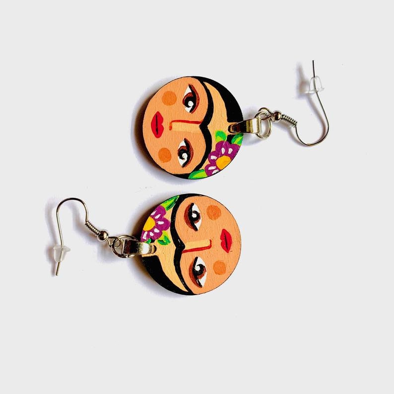 Floral Hand Painted Frida Earrings Girl Wooden Dangle Drop Earrings Wearable Art Mexican Jewelry Fridalovers Artwear Circle Wooden Earrings