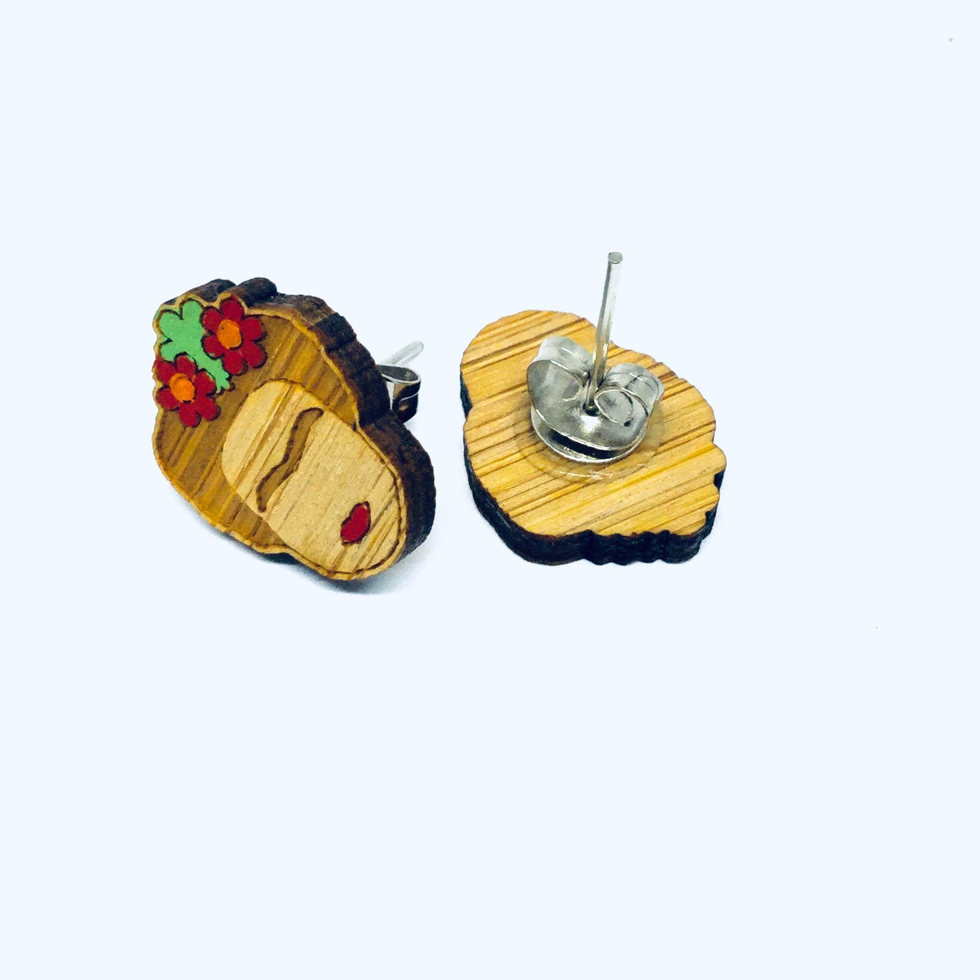 Bamboo Frida Earrings Hand Painted Red Floral Wooden Frida Inspired Earrings Mexican Jewelry Wearable Art Aretes Girl Stud Earrings Artwear