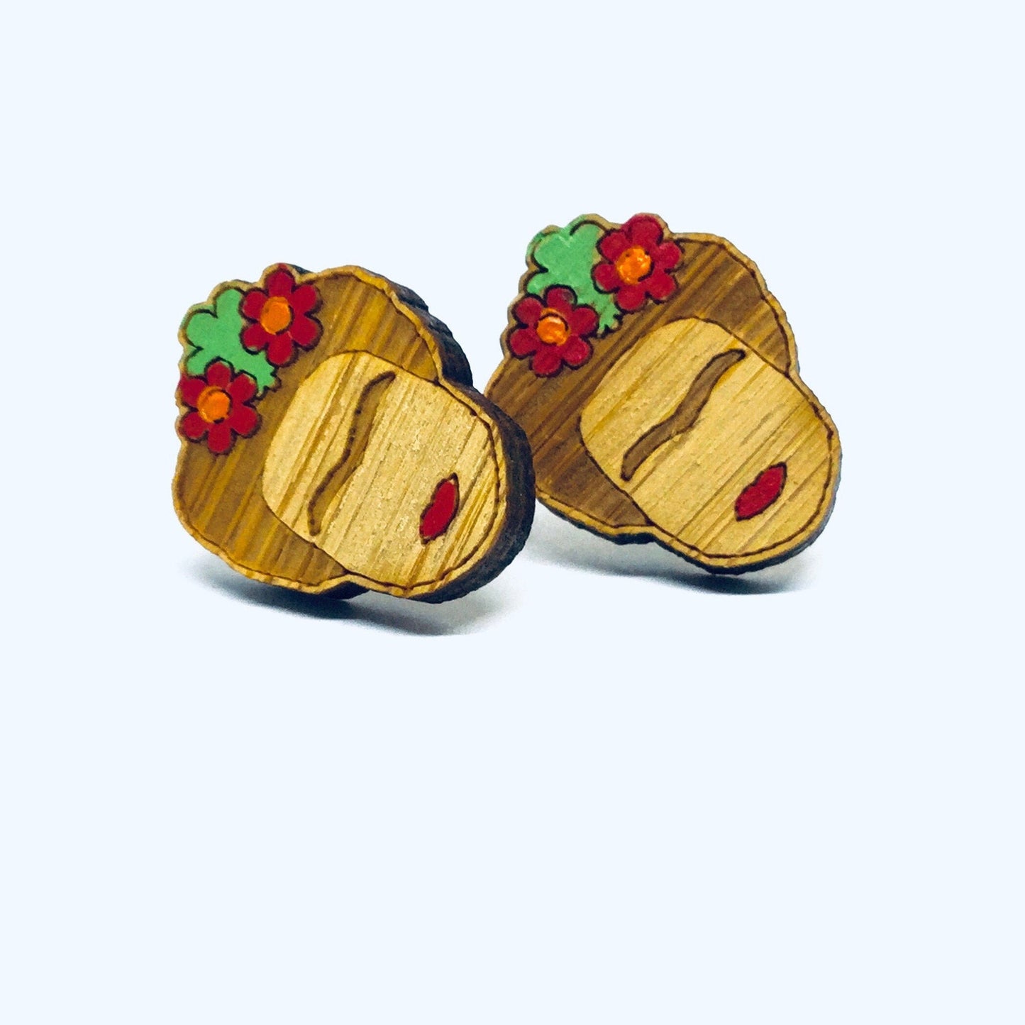 Bamboo Frida Earrings Hand Painted Red Floral Wooden Frida Inspired Earrings Mexican Jewelry Wearable Art Aretes Girl Stud Earrings Artwear