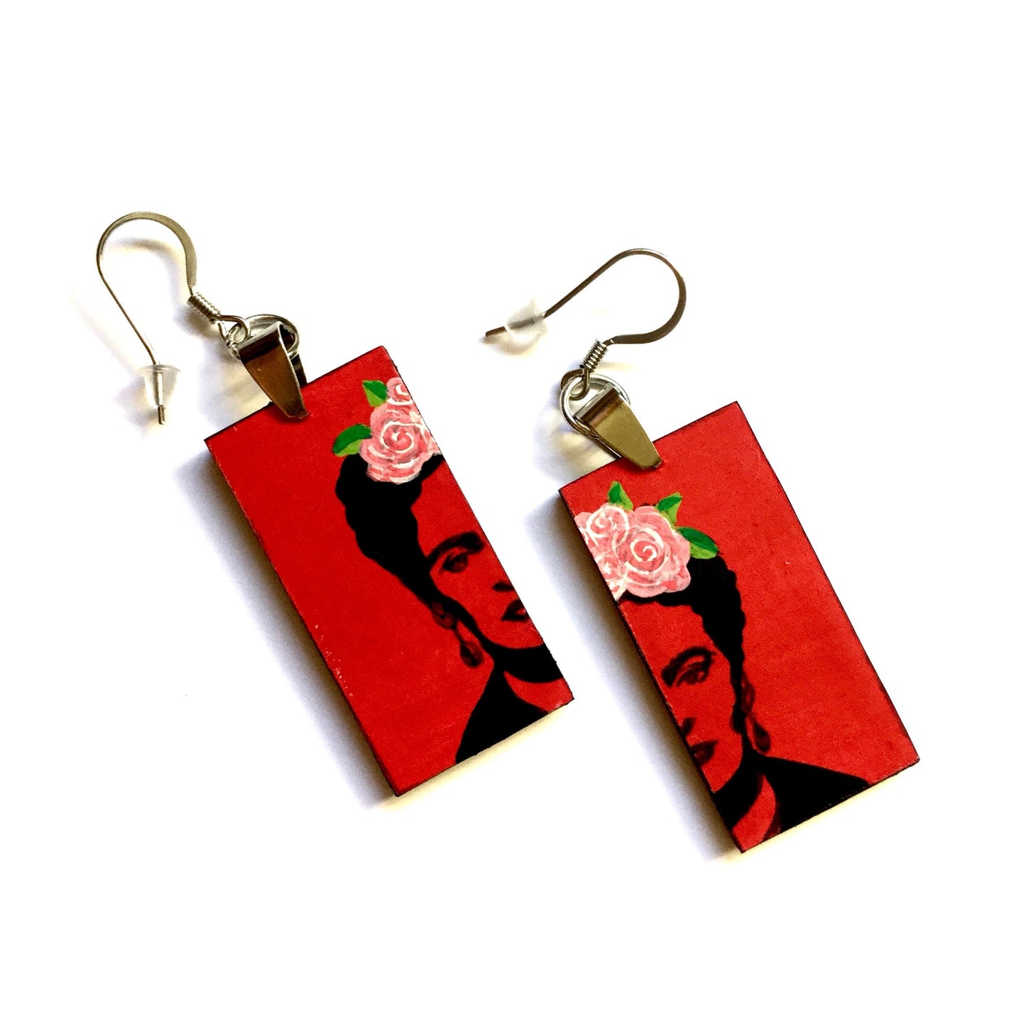 Red Stencil Frida Earrings Artwear Frida Inspired Earrings Hand Painted Wooden Dangle Drop Earrings Mexican Jewelry Fridalovers Wearable Art