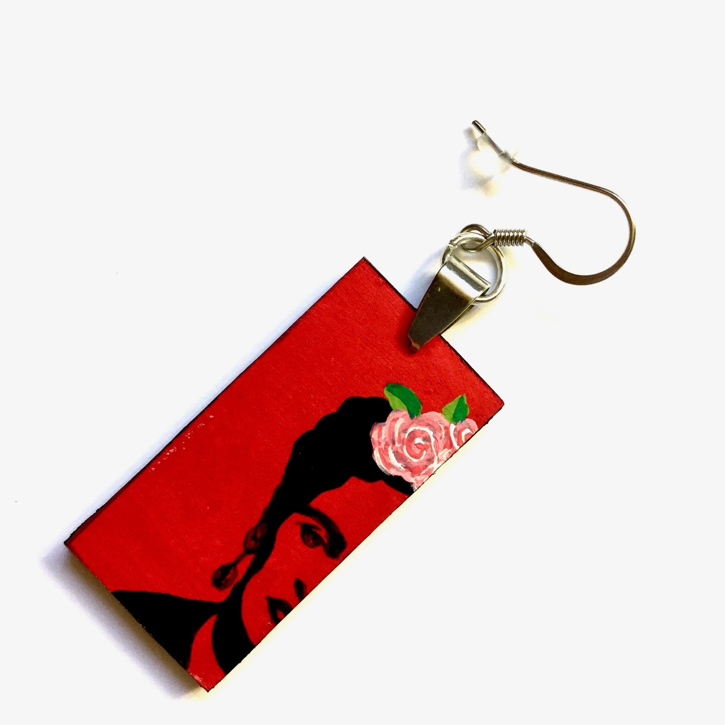 Red Stencil Frida Earrings Artwear Frida Inspired Earrings Hand Painted Wooden Dangle Drop Earrings Mexican Jewelry Fridalovers Wearable Art