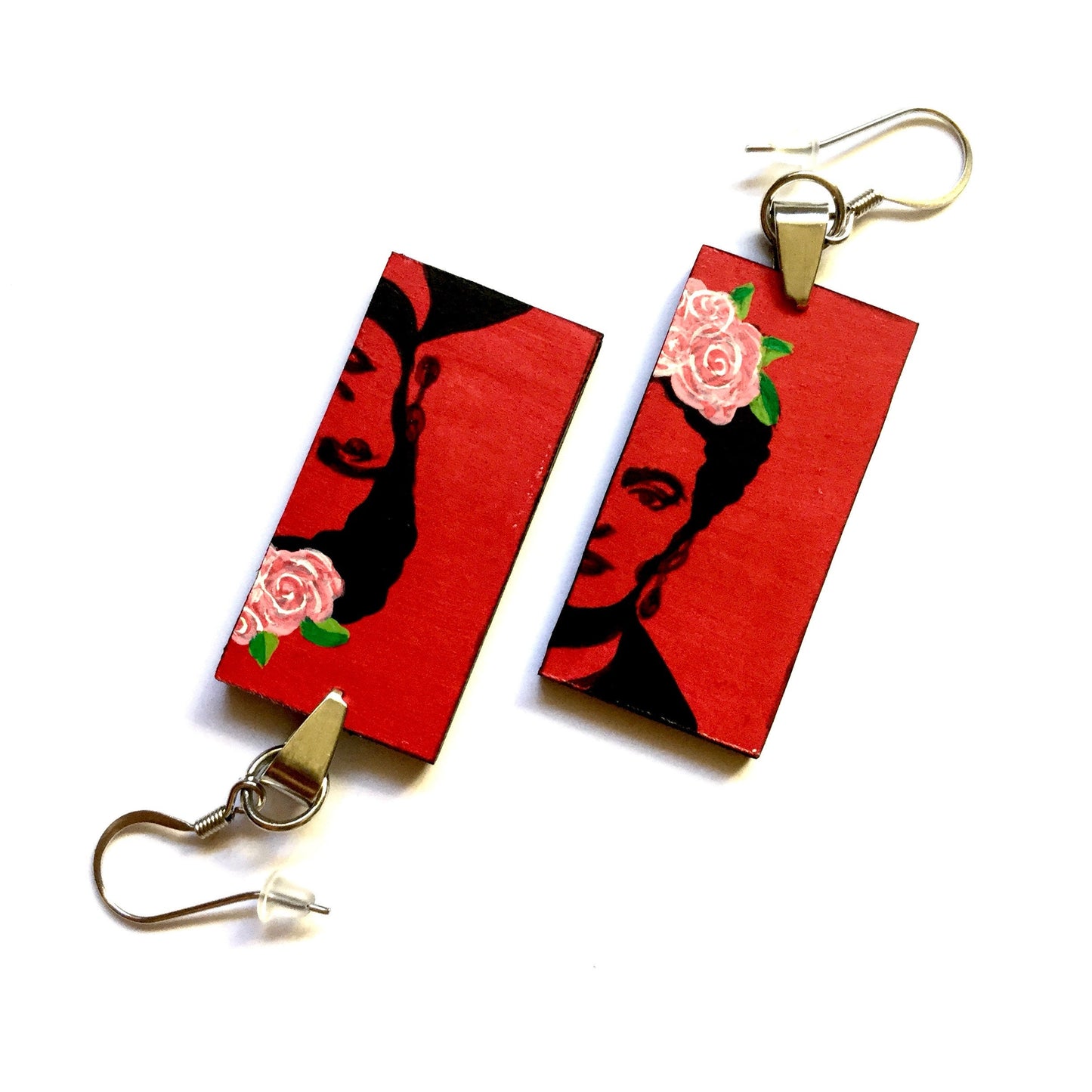 Red Stencil Frida Earrings Artwear Frida Inspired Earrings Hand Painted Wooden Dangle Drop Earrings Mexican Jewelry Fridalovers Wearable Art