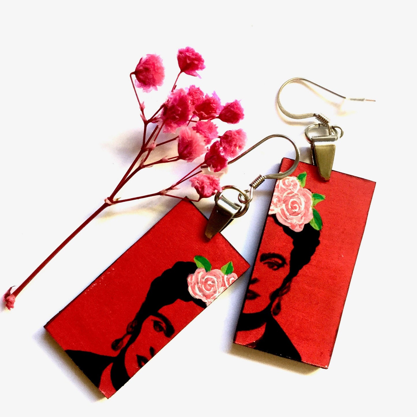 Red Stencil Frida Earrings Artwear Frida Inspired Earrings Hand Painted Wooden Dangle Drop Earrings Mexican Jewelry Fridalovers Wearable Art