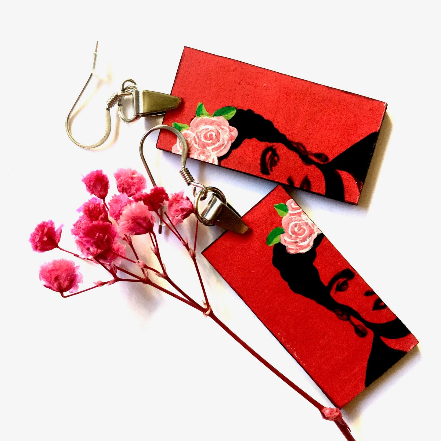 Red Stencil Frida Earrings Artwear Frida Inspired Earrings Hand Painted Wooden Dangle Drop Earrings Mexican Jewelry Fridalovers Wearable Art