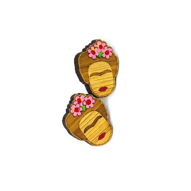 Floral Pink Bamboo Frida Earrings Hand Painted Frida Earrings Girl Stud Earrings Wooden Earrings Artwear Mexican Jewelry Pink Frida Earrings