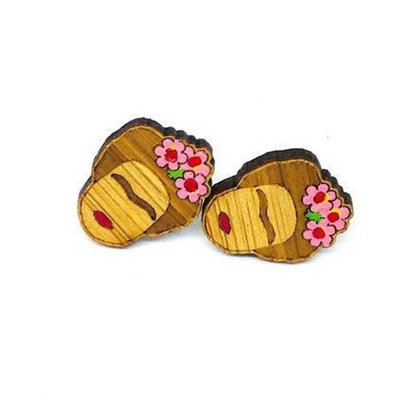 Floral Pink Bamboo Frida Earrings Hand Painted Frida Earrings Girl Stud Earrings Wooden Earrings Artwear Mexican Jewelry Pink Frida Earrings