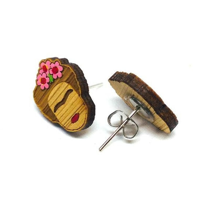 Floral Pink Bamboo Frida Earrings Hand Painted Frida Earrings Girl Stud Earrings Wooden Earrings Artwear Mexican Jewelry Pink Frida Earrings