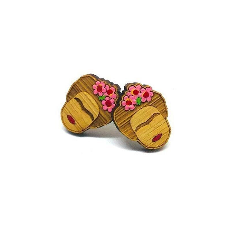 Floral Pink Bamboo Frida Earrings Hand Painted Frida Earrings Girl Stud Earrings Wooden Earrings Artwear Mexican Jewelry Pink Frida Earrings