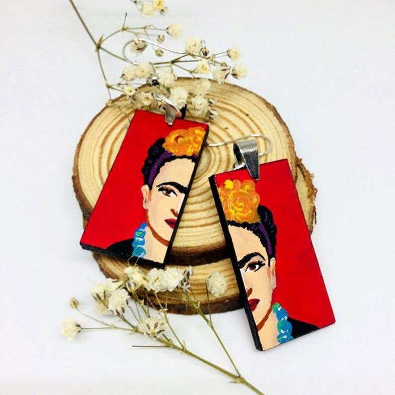 Eye-Catching Red Frida Earrings Mexican Jewelry Inspired for Women Hand Painted Wooden Drop Dangle Earrings Fridalovers Mexico Wearable Art