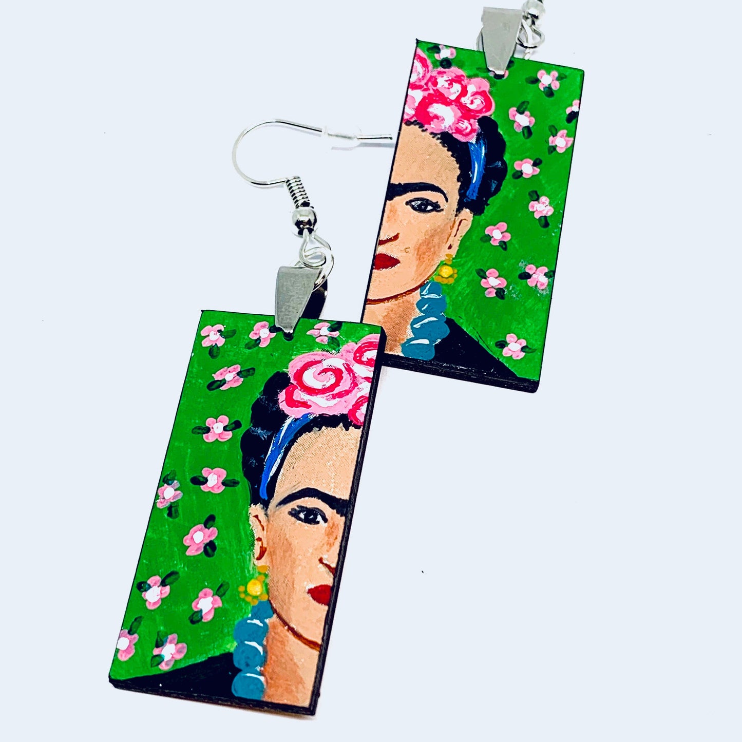 Green Frida Earrings Frida Inspired Dangle Drop Earrings Frida Artwear Jewelry Accessories Hand Painted Wooden Earrings Mexican Jewelry Art