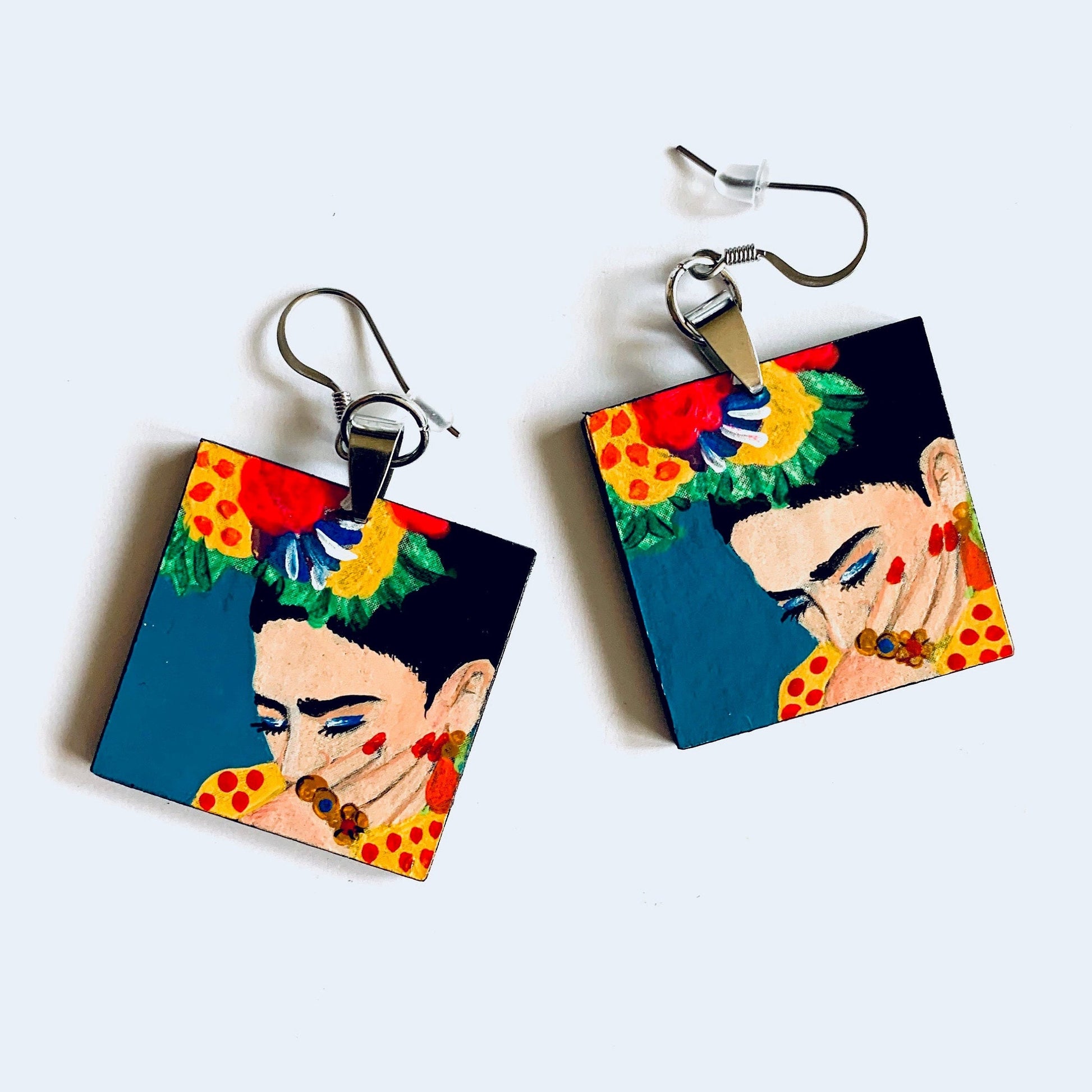 Frida Earrings Frida Inspired Artwear Hand Painted Wooden Earrings Mexican Jewelry Frida Wearable Art Women Blue Earrings Frida Aretes Mujer