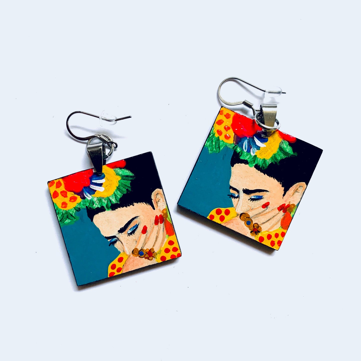 Frida Earrings Frida Inspired Artwear Hand Painted Wooden Earrings Mexican Jewelry Frida Wearable Art Women Blue Earrings Frida Aretes Mujer