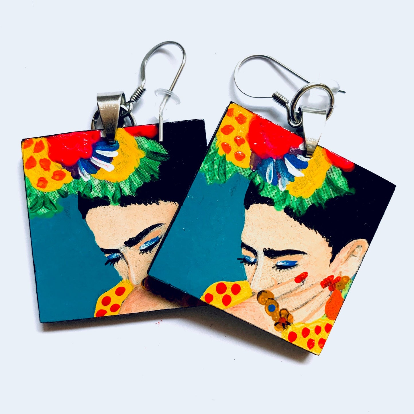 Frida Earrings Frida Inspired Artwear Hand Painted Wooden Earrings Mexican Jewelry Frida Wearable Art Women Blue Earrings Frida Aretes Mujer
