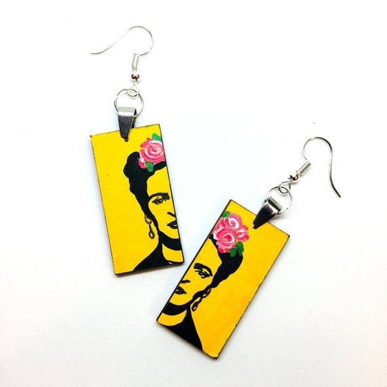 Frida Earrings Jewelry Frida Inspired Earrings Stencil ArtWear Wearable Art Mexican Jewelry Women Dangle Drop Earrings Hand Painted Yellow